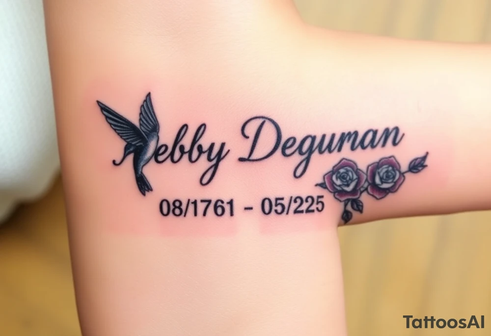 Tattoo of the exact name Debby Deguzman in chunky curly cursive with the exact dates of 08/17/61-05/29/25 surrounded by 1 hummingbird and 1 rose tattoo idea