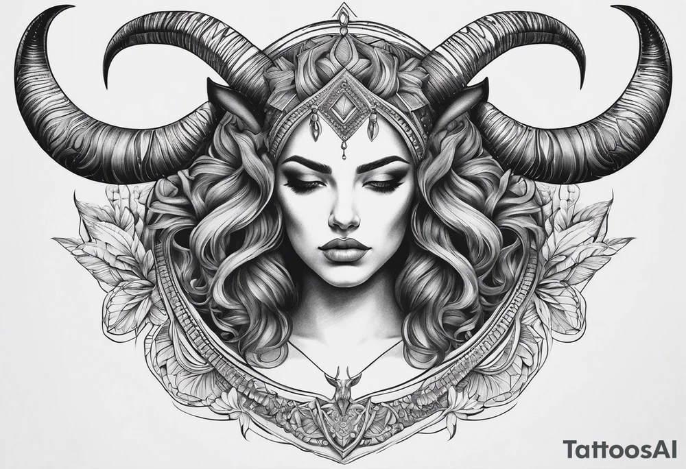 symmetrical woman head with curved horns facing downwards dark realism looking front facing view tattoo idea