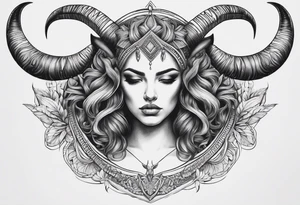 symmetrical woman head with curved horns facing downwards dark realism looking front facing view tattoo idea