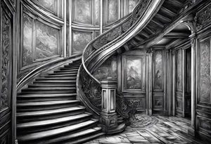 Man walking up a Deteriorating spiral stair case with falling steps tattoo idea