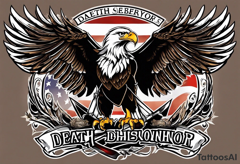 tattoo featuring an American eagle, 

add the words "Death Before Dishonor" on a scroll or something, add a sword or knife 

bottom left is closest, background filling not needed. 

use the Eagle style face of the bottom right

left hand side drawings are great, add a in the Eagles talons, remove background

this is looking really good, but black and white tattoo idea