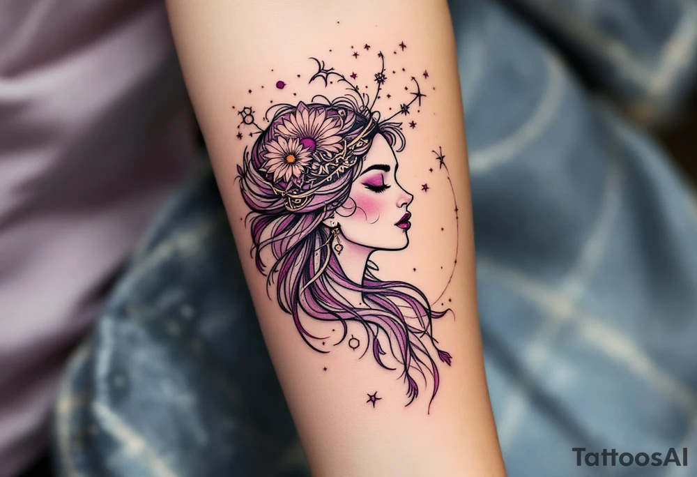 Fine black linework of the Virgo constellation curves behind a stylized goddess in plum and wine hues tattoo idea