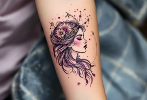 Fine black linework of the Virgo constellation curves behind a stylized goddess in plum and wine hues tattoo idea