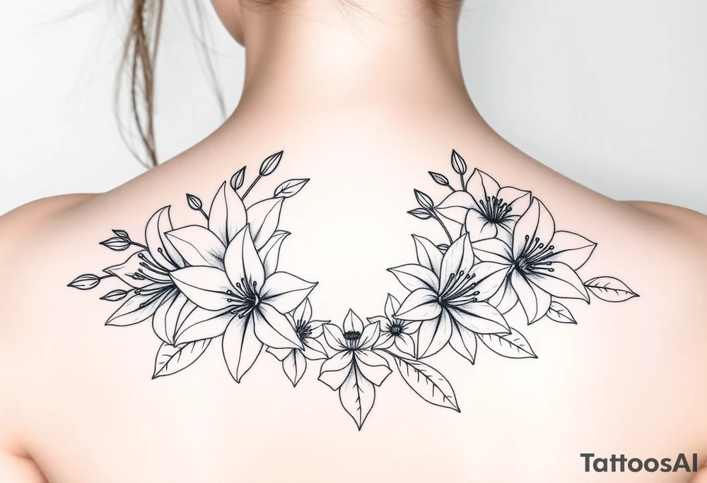 lilies, cherry blossoms and daffodils with some leaves in a circular formation tattoo idea