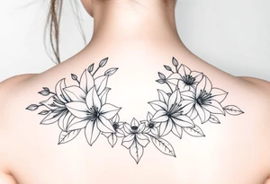 lilies, cherry blossoms and daffodils with some leaves in a circular formation tattoo idea