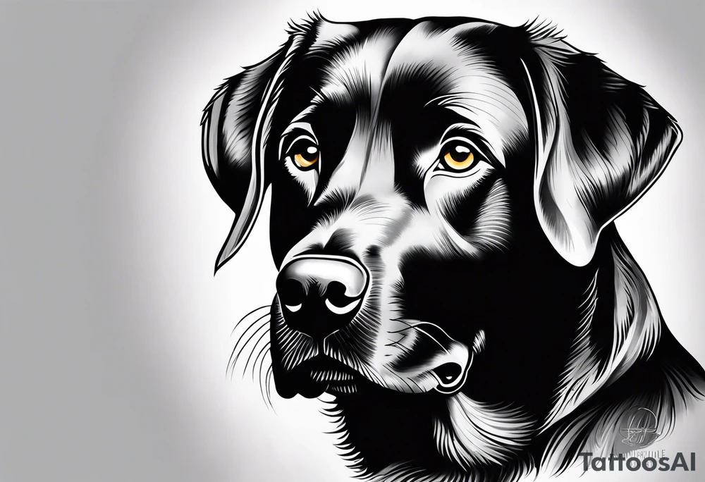 Generate a simple tattoo of a sitting Labrador Retriever, focusing on its friendly face and expressive eyes in a minimalist style tattoo idea