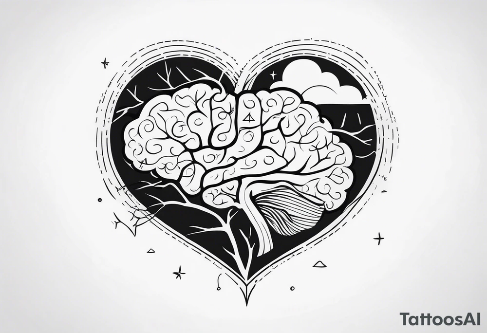 a heart with this inside the heart: brain, plane, family, and roots tattoo idea