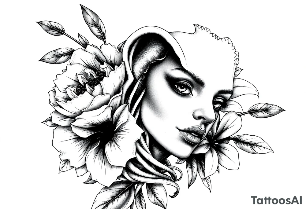 peonies and lilies with medusa head tattoo idea