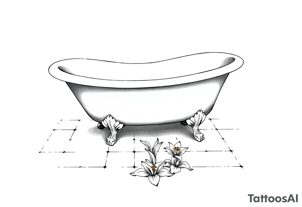 Clawfoot bathtub with lily coming up from tile floor tattoo idea