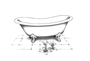 Clawfoot bathtub with lily coming up from tile floor tattoo idea