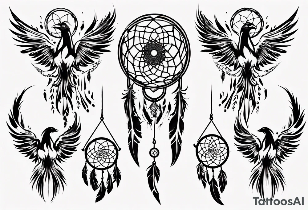 Phoenix flying firey dream catcher tattoo idea