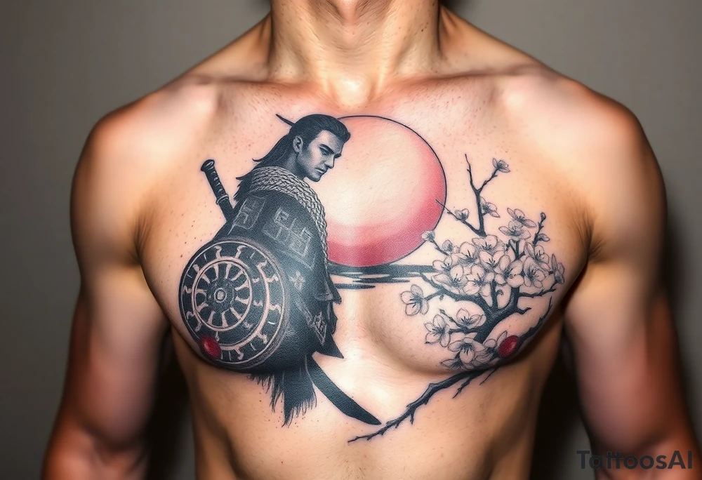 noble warrior silhouette at sunset with cherry blossoms tattoo idea