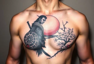 noble warrior silhouette at sunset with cherry blossoms tattoo idea
