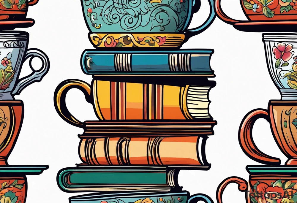 Stack of 3 books with old fashioned leather bindings.  On top of stack is a vintage English tea cup and saucer full of coffe.  Neo American tattoo style tattoo idea