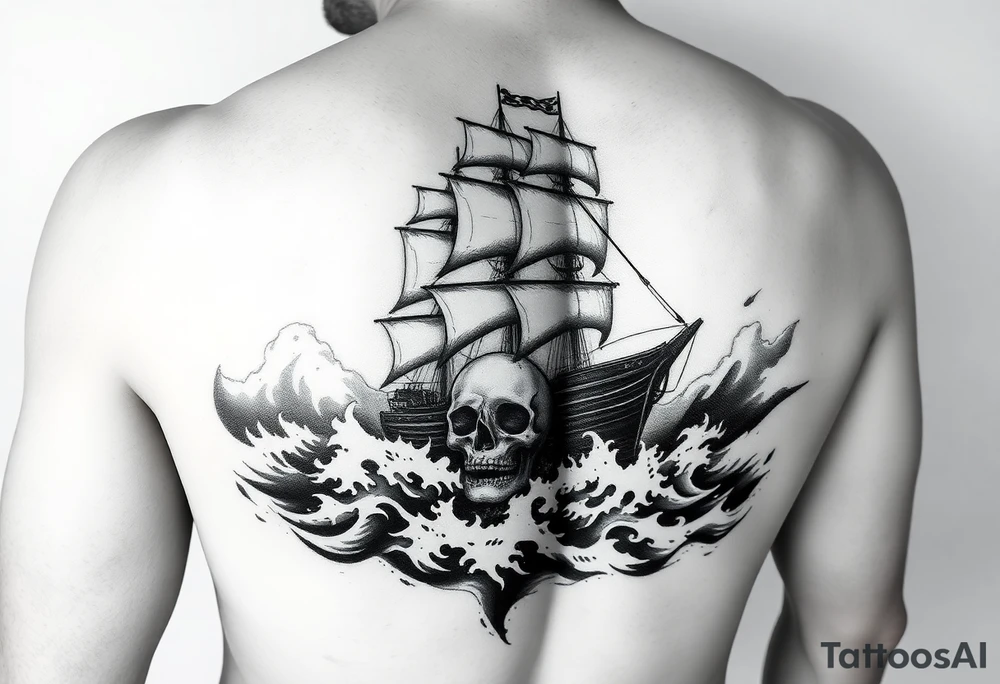 Ultra-detailed tattoo design, hyper-realistic black and grey, ghostly pirate ship emerging from stormy waves, giant skull fading into the sea foam, dramatic lighting, high contrast shading, stencil-ready, full sleeve composition, no background clutter, smooth gradient transitions. tattoo idea