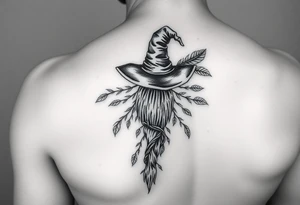 Which is broom with a witches hat with vines and feathers on your leg 
Smaller broom with hat placed on top or in the middle tattoo idea