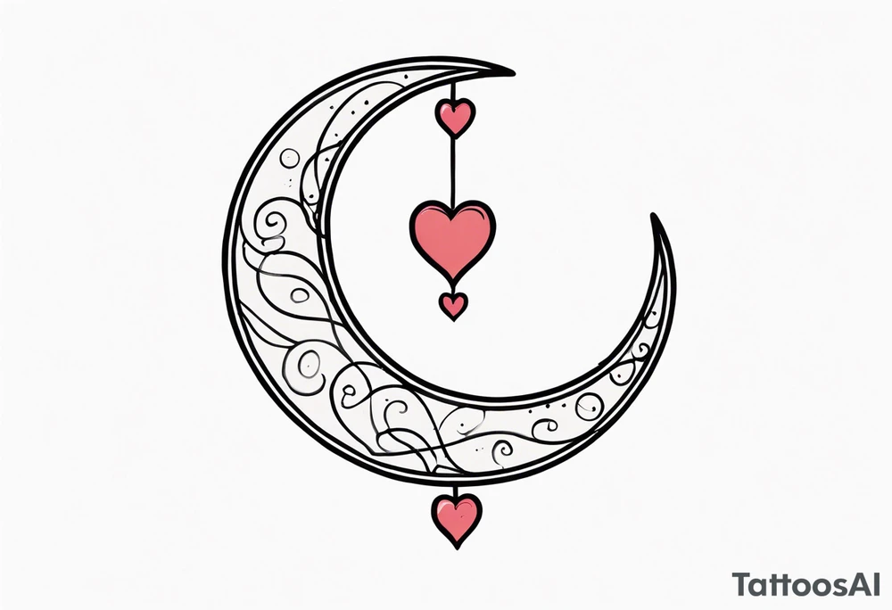Crescent moon with a love heart inside it and 4 hearts dangling from it tattoo idea Crescent moon with a love heart inside it and 4 hearts dangling from it tattoo idea