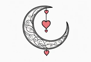 Crescent moon with a love heart inside it and 4 hearts dangling from it tattoo idea