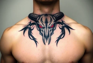 Abstract looking angry taurus skull chest tattoo with red eyes tattoo idea