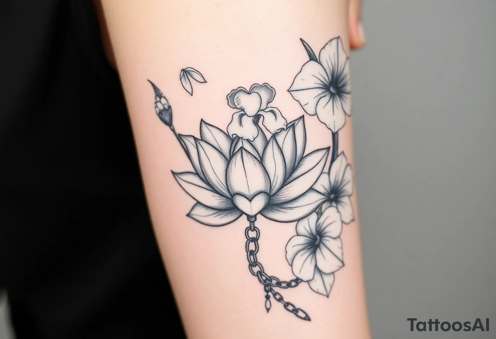 Lotus surrounded by Lilly of the valley on left side iris above and morning glory flowers to the right side. A heart chain and chain link weaved through whole tattoo tattoo idea