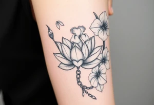 Lotus surrounded by Lilly of the valley on left side iris above and morning glory flowers to the right side. A heart chain and chain link weaved through whole tattoo tattoo idea