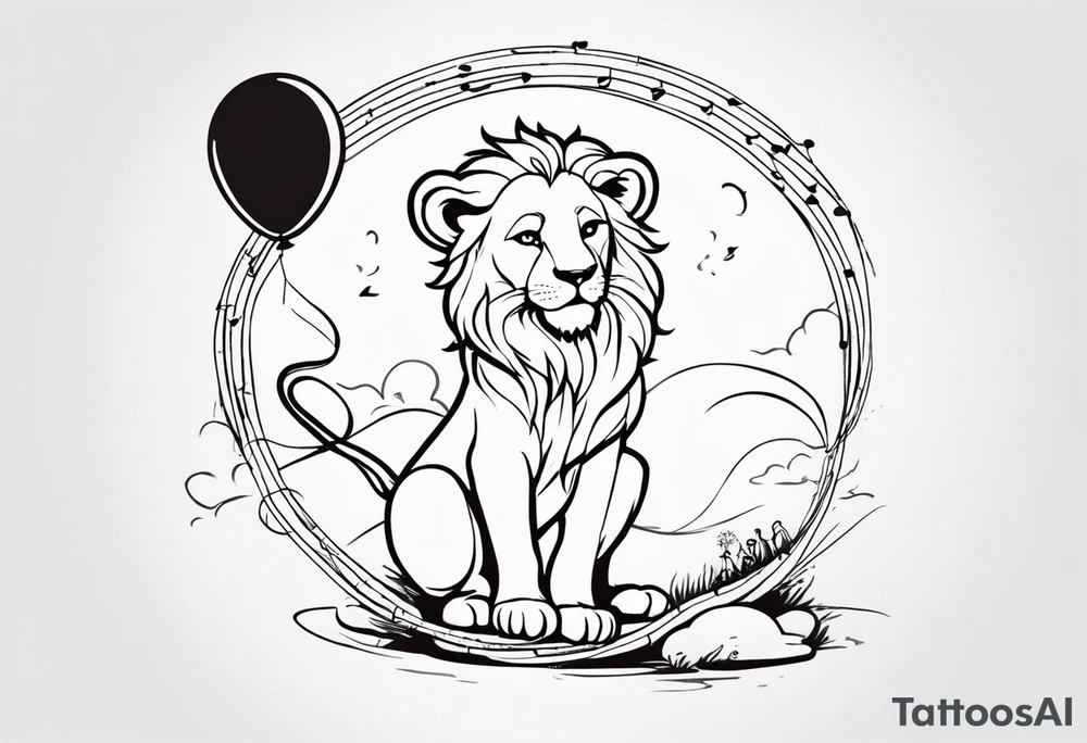 tatoo in sketch style only.
A little lion boy is holding a string to the hearth shaped small party baloon.
lion boy should be drawed from behind and has one hand reaching up in 45 degree angle and holding the baloon string
On the string is a wave which look like a hearbeat pulse.
draw it without any scenery, without any background. Just a boy 
Add heartbeat pulse on the string tattoo idea