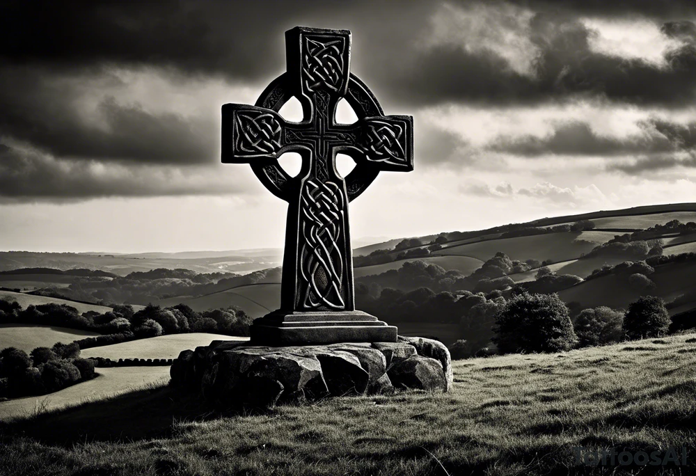 A monochromatic scene dominated by the presence of a stone Celtic cross standing tall and solemn atop a hill. The cross is intricately carved with intertwining knots and spirals, typical of the Celtic art style. Its blackened surface is weathered and worn, accentuating its age and the enduring strength of its presence. Beside the cross, a crumbling stone wall runs down the hill, its broken remains a testament to the passage of time and the inevitable effects of nature's forces. At the base of the cross, a raven perched on its arm, its ebony feathers contrasting starkly against the white stone. The bird's head is cocked to the side, as if observing the landscape below with a curious gaze. The background is dominated by rolling hills and misty mountains in the distance, creating a sense of isolation and timelessness. The sky above is cloudy and overcast, adding to the somber atmosphere of the scene. tattoo idea