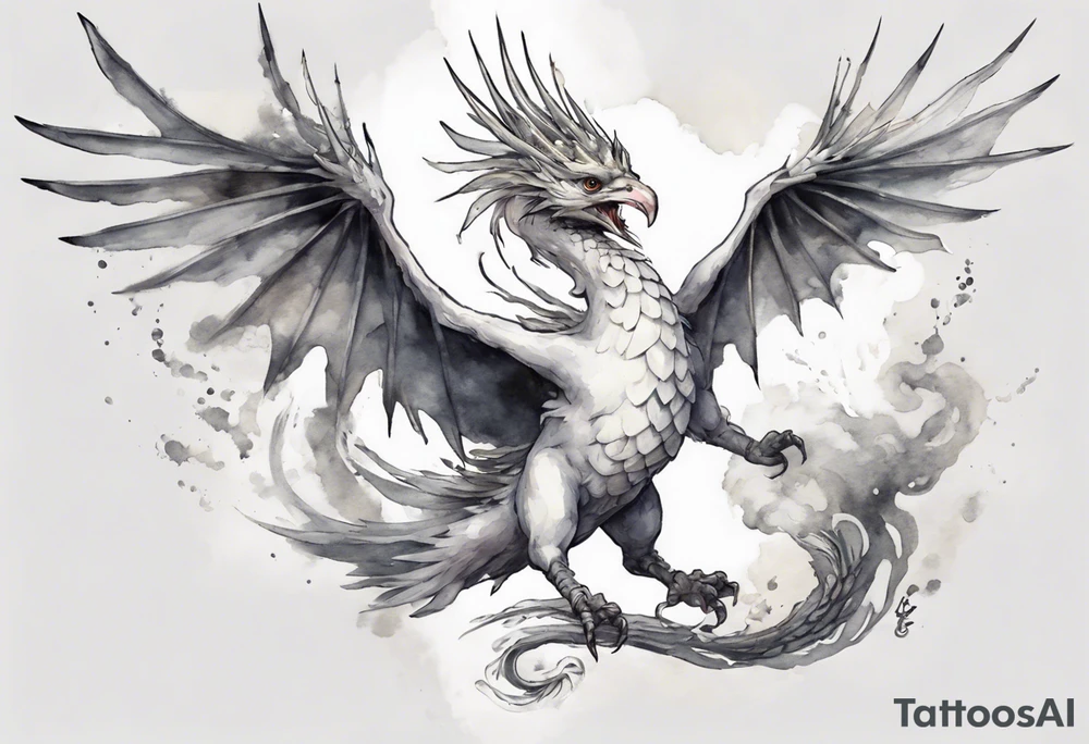 a white bird-wyrm hybrid, wearing a pewter crown on its head, flying in the air tattoo idea
