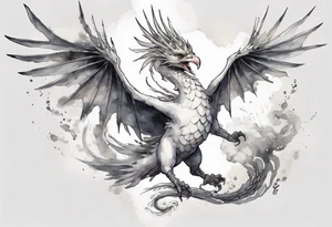 a white bird-wyrm hybrid, wearing a pewter crown on its head, flying in the air tattoo idea