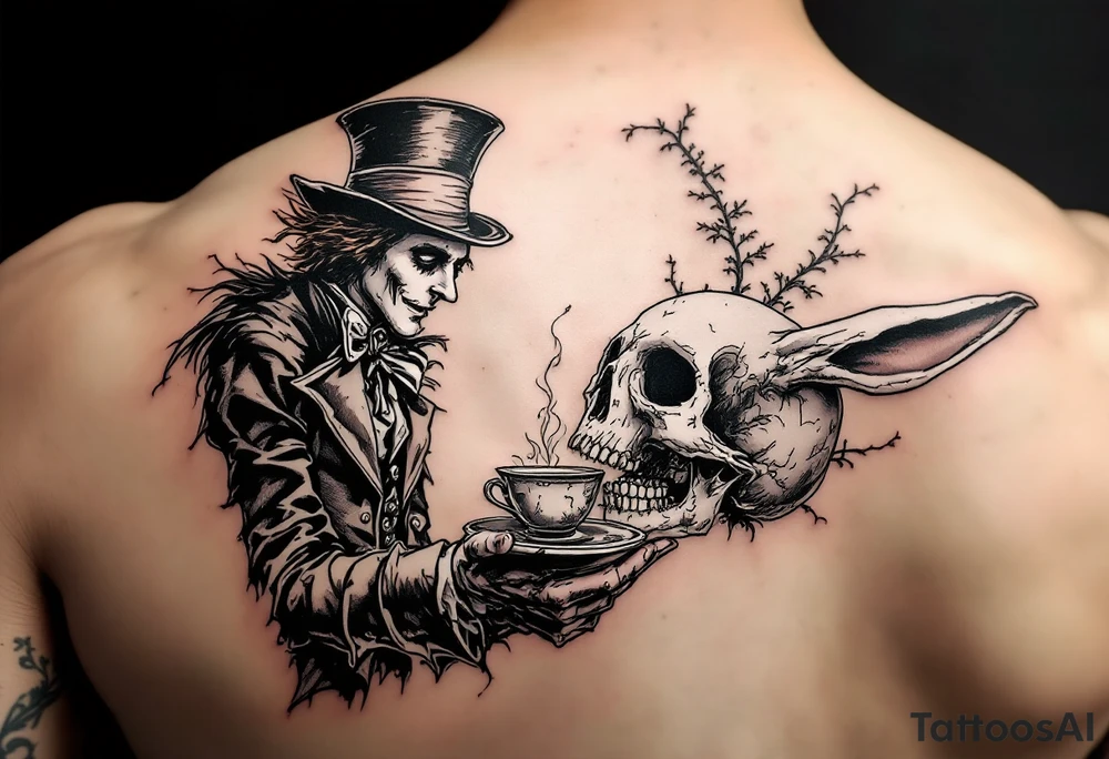 The mad hatter pouring a cup of 
tea into the white rabbits open skull tattoo idea