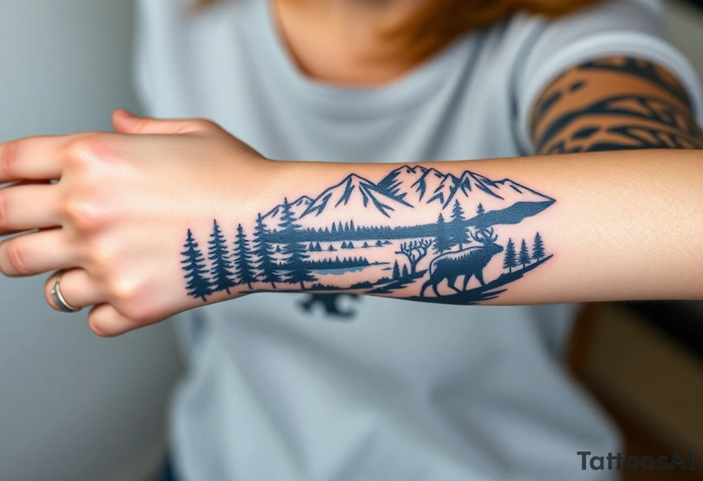 A full-sleeve with the Härjedalen landscape, reindeer, bear, lakes, mountains (Helags), tattoo idea