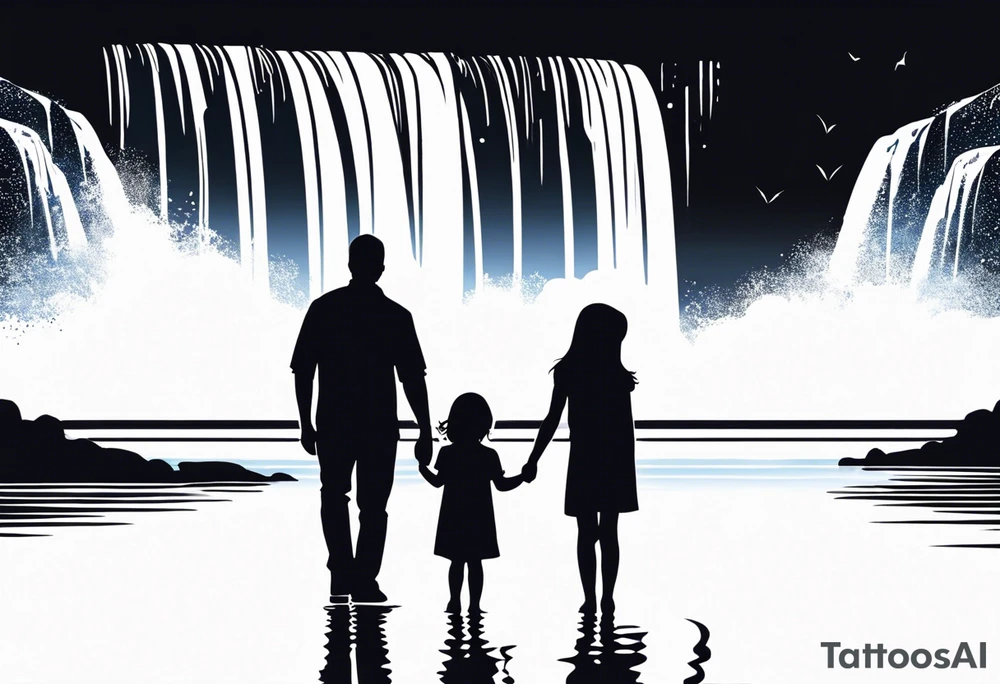 Silhouette of father standing in between daughter and younger son in front of water with reflection and waterfall with the waterfall only being blue. Everything else black and white. 6 year old daughter on one side and 2 year old son on the other side of the father. Moon with reflection tattoo idea