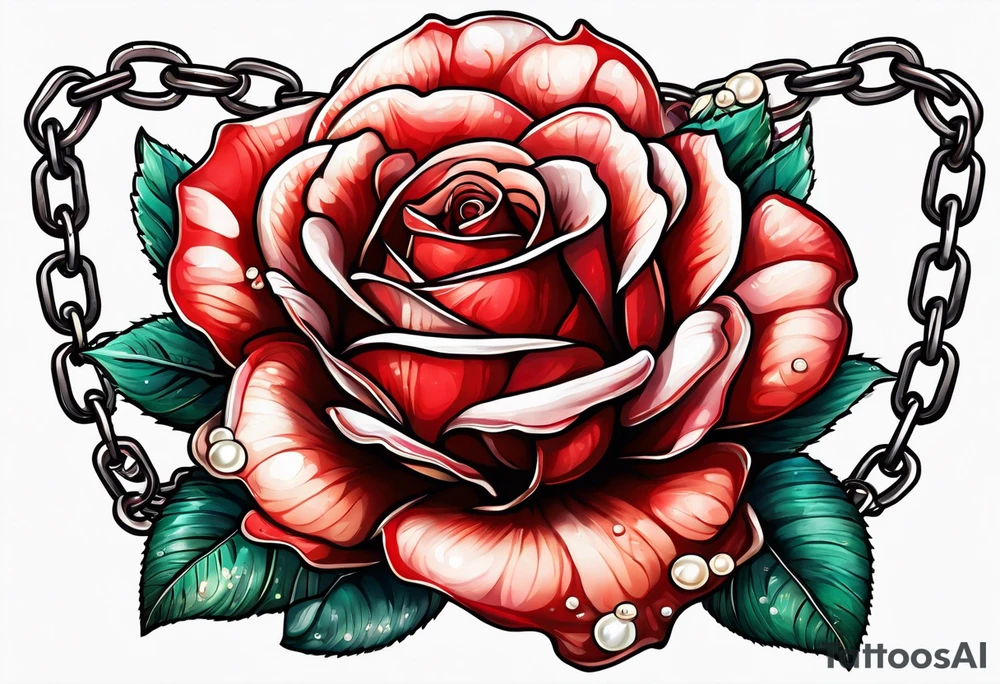 Red rose with a chain made with pearls and a seashell tattoo idea