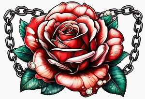 Red rose with a chain made with pearls and a seashell tattoo idea