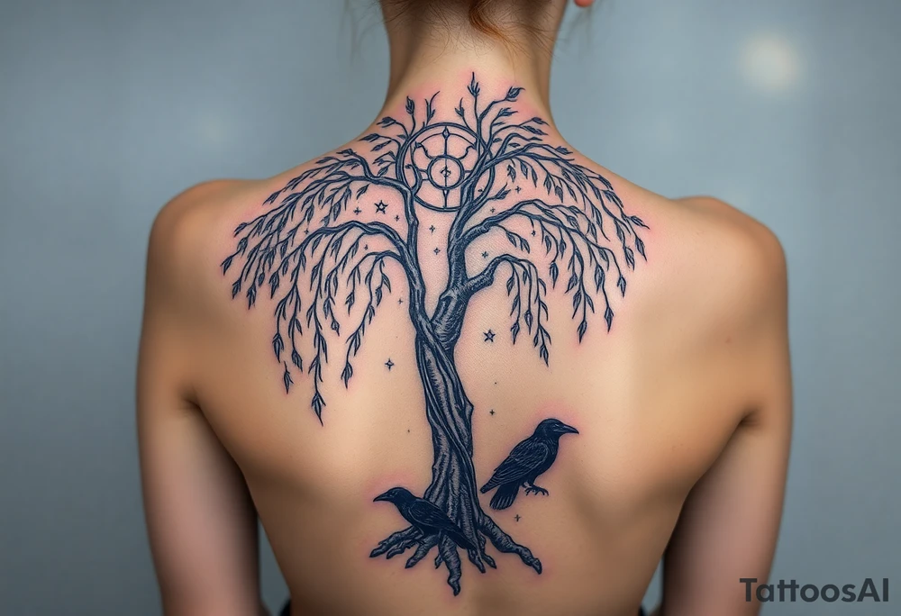 Weeping willow with starry sky background with zodiac constellations in it with runes and ravens tattoo idea