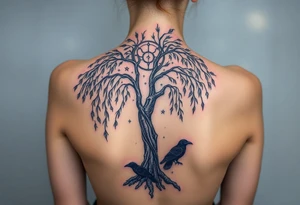 Weeping willow with starry sky background with zodiac constellations in it with runes and ravens tattoo idea