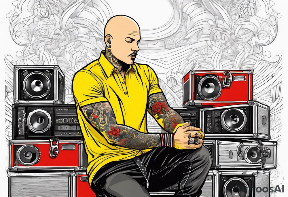 a bald german dj with handcuffs on in a bright yellow shirt with red shoe boxes around him tattoo idea