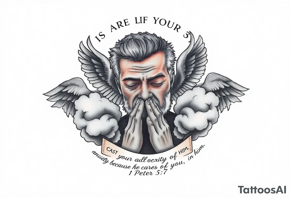 cast all your anxiety on him because he cares for you"  1 peter 5:7 surrounded with clouds and angels and praying hands tattoo idea