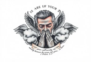cast all your anxiety on him because he cares for you"  1 peter 5:7 surrounded with clouds and angels and praying hands tattoo idea