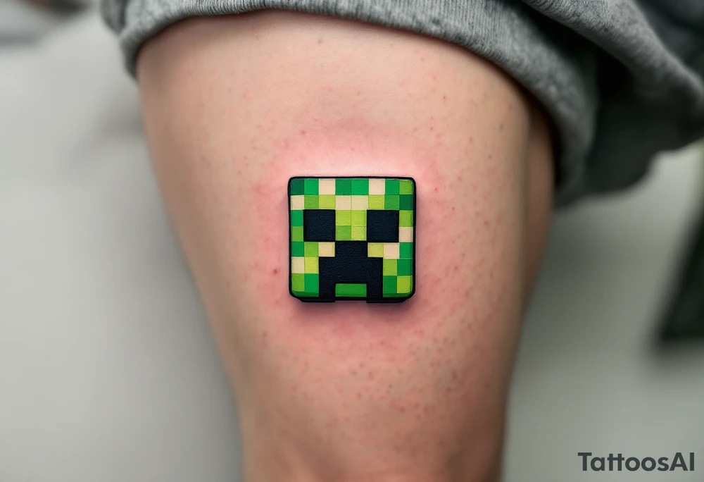 Small green Minecraft creeper head block smaller more vibrant colors tattoo idea