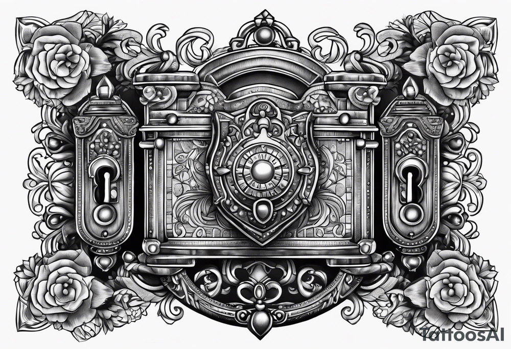 Antique lock sarounded by different jewels tattoo idea