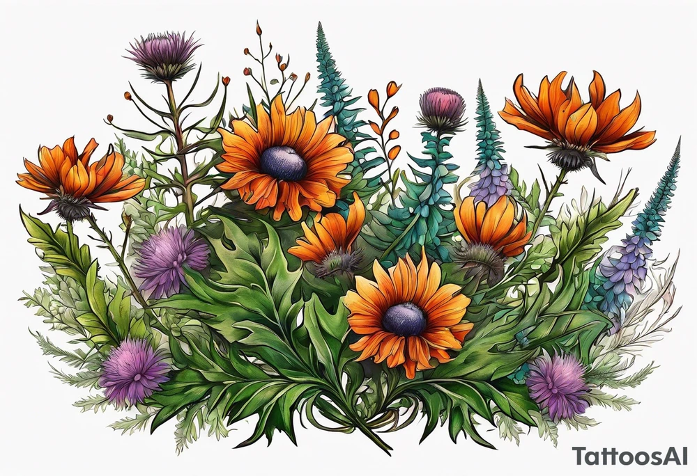 wildflower horizontal with thistles, ferns, burnt orange flowers all in color tattoo idea