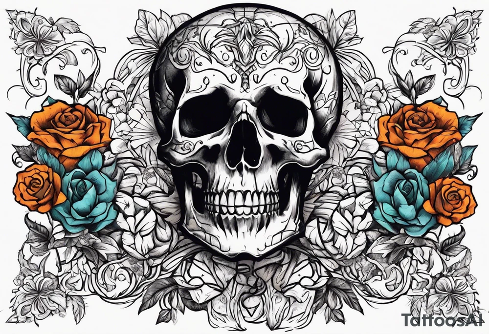 skeleton with body and flowers around it vintage sketch tattoo idea