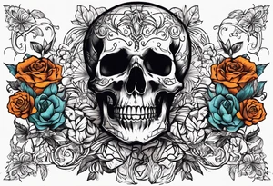 skeleton with body and flowers around it vintage sketch tattoo idea