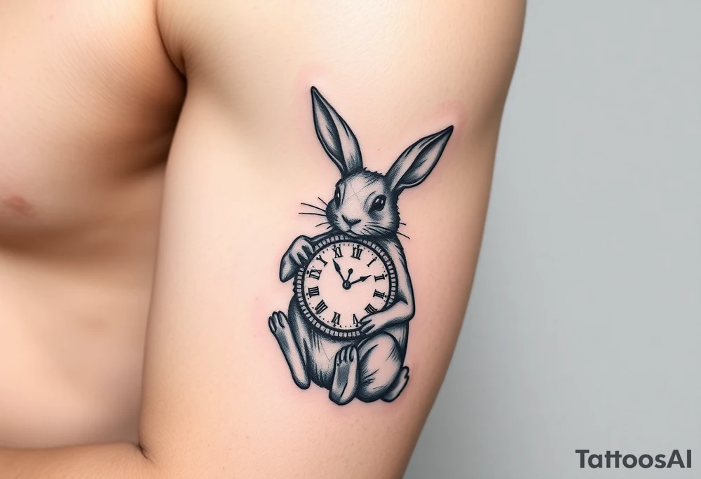 Geometrical rabbit holding a clock tattoo idea