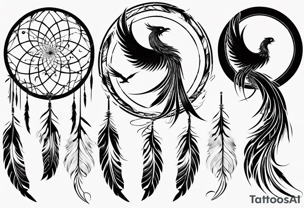 Vertical open mouthed flying Phoenix in circle with long abstract dream catcher feather tail tattoo idea