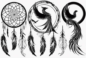 Vertical open mouthed flying Phoenix in circle with long abstract dream catcher feather tail tattoo idea