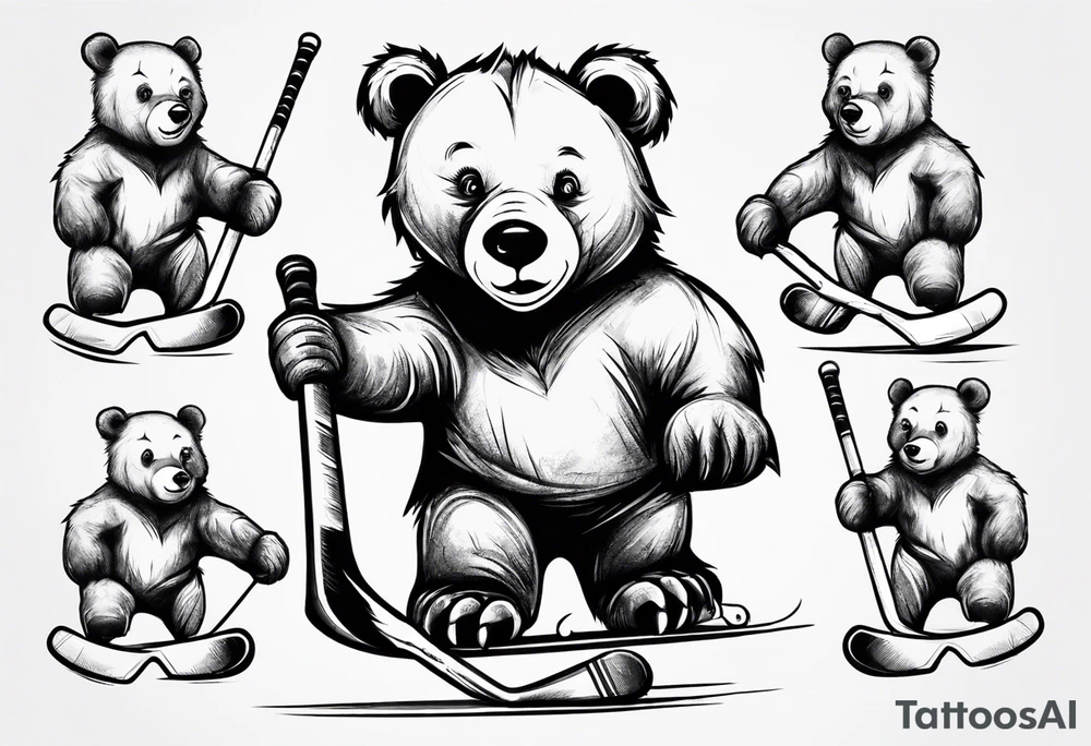 Baby bear playing hockey in front of papa bear and mama bear family tattoo idea