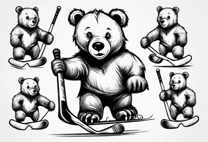 Baby bear playing hockey in front of papa bear and mama bear family tattoo idea