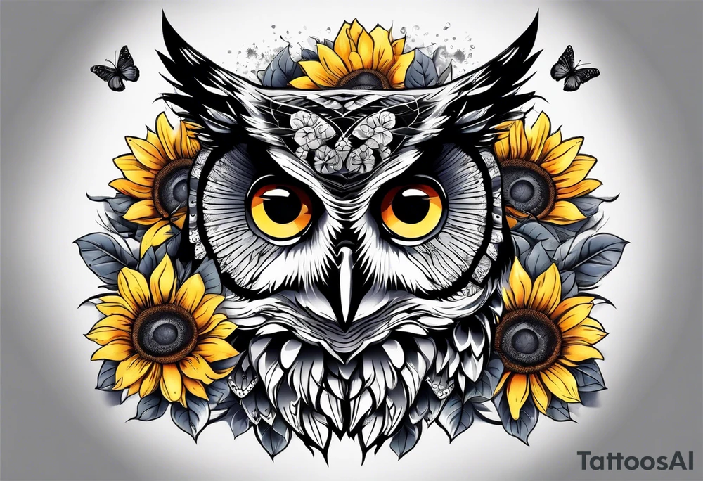 Arm sleeve with an owl and butterfly surrounded by sunflowers tattoo idea